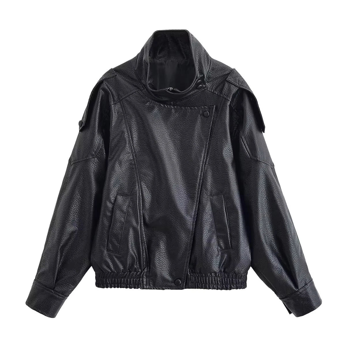 HH 2026 Women Trend Pu Leather Black Coats Stand Collar Long Sleeve Zipper Jacket Woman Fashion Vintage High Street Pu Jackets - Matrix Studios