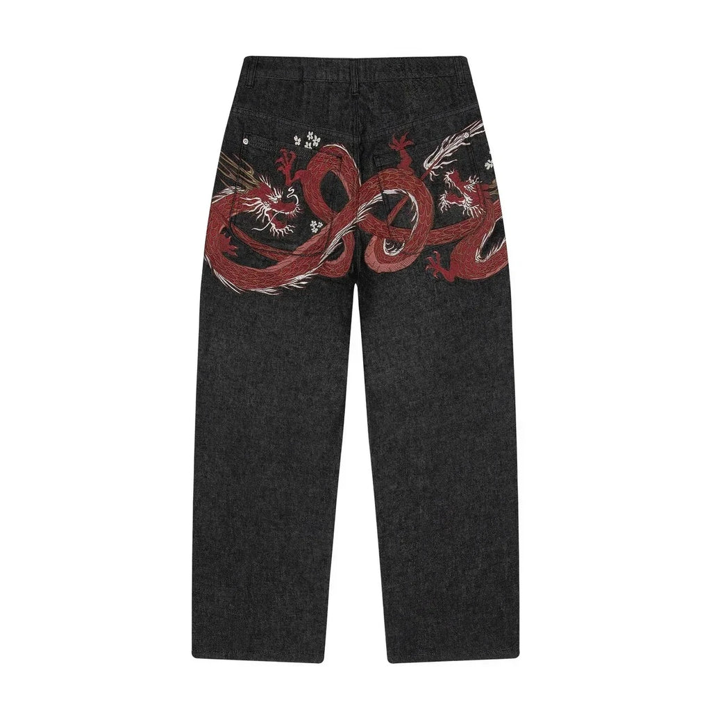 Y2K Baggy Jeans Cherry Blossom Selvedge Embroidery Denim Pants Men Women Denim Fabric American Hiphop Streetwear Wide Leg Jeans - Matrix Studios