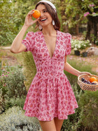 Hugcitar 2026 Floral Print V Neck Short Sleeve Lace Up Zip Up Sexy Slim Pleated Mini Dress Summer Elegant Outfits Party Vacation - Matrix-studios.com