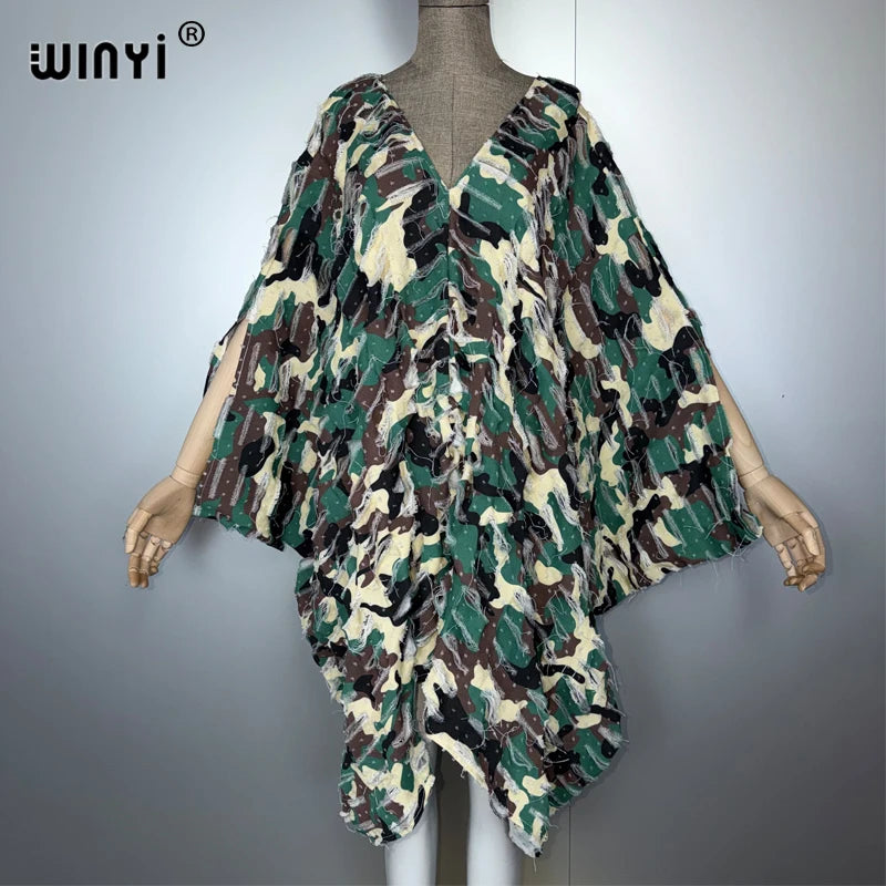 WINYI Original V Neck Print Denim Sexy Short Dress with Holes New Fashion Africa Womens Party Holiday Casual Maxi Beach Dress - Matrix Studios
