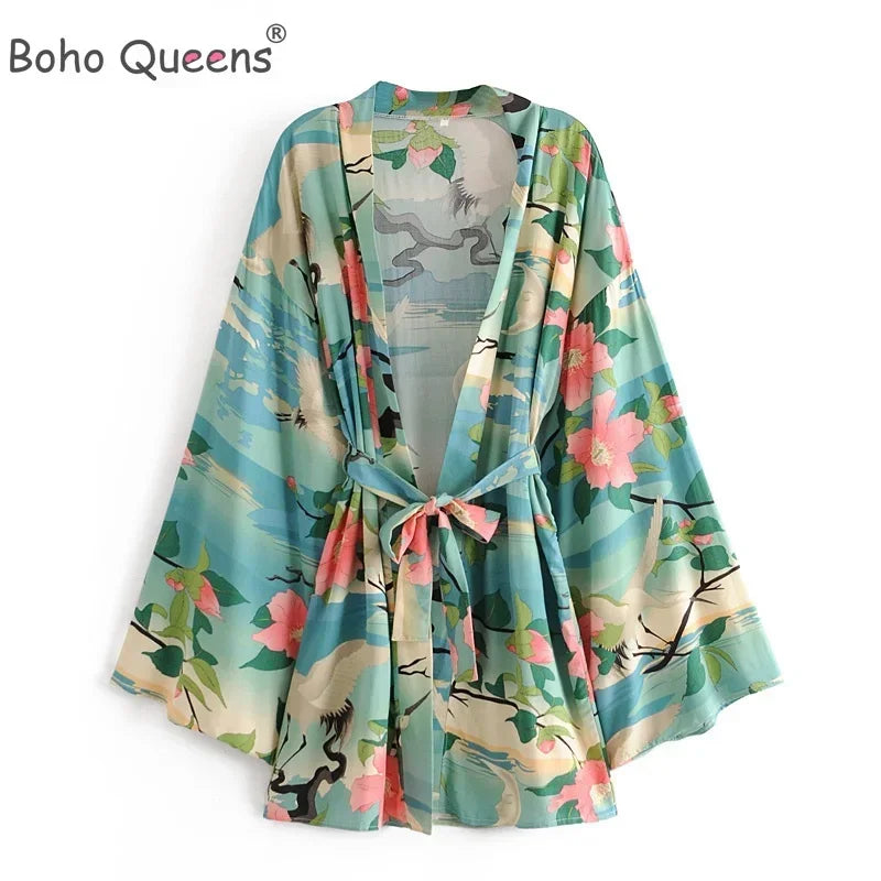 Boho Queens Vintage Green Crane Floral Print Sashes  Women Bohemian V Neck Batwing Sleeves Happie Beach Robe Cover-up - Matrix Studios