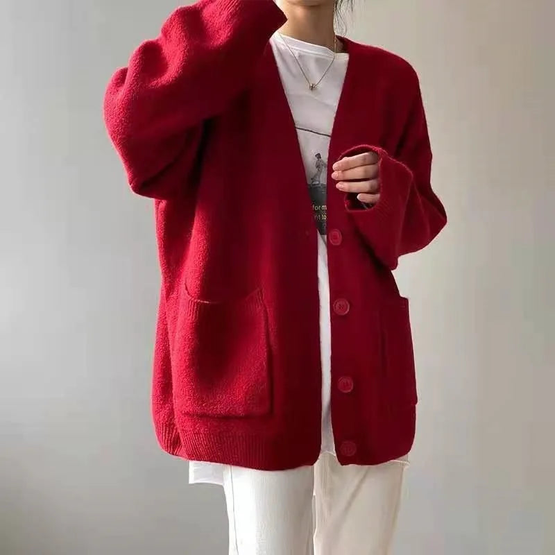 2024 Chic Yellow Sweater Cardigan Women Lazy Wind Single-Breasted Knitted Cardigan Women Solid V Neck Cardigans Female - Matrix Studios