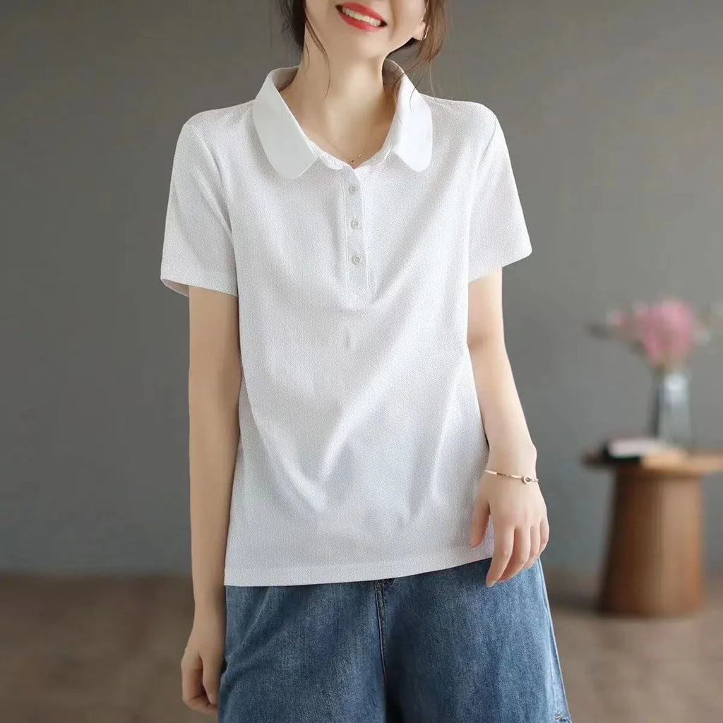 Summer solid color college style sport polo shirt new shirt collar short sleeved T-shirt for women - Matrix-studios.com