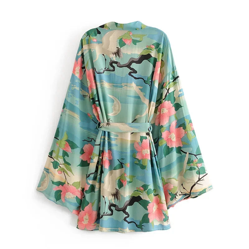 Boho Queens Vintage Green Crane Floral Print Sashes  Women Bohemian V Neck Batwing Sleeves Happie Beach Robe Cover-up - Matrix Studios