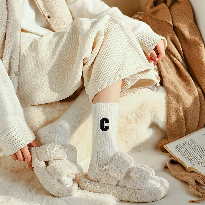 Luxury Women Wool Socks Warm Winter Thick Cashmere Casual Japanese Fashion Solid Color Comfortable Home Sock Long High Quality - Matrix Studios