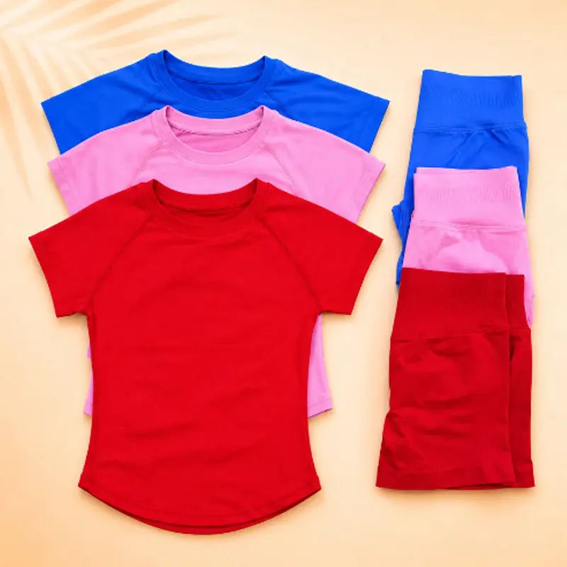 Women Short Sleeve Yoga Set Gym Workout Outfit Fitness Activewear Seamless Sportswear Running Exercise Shorts Set