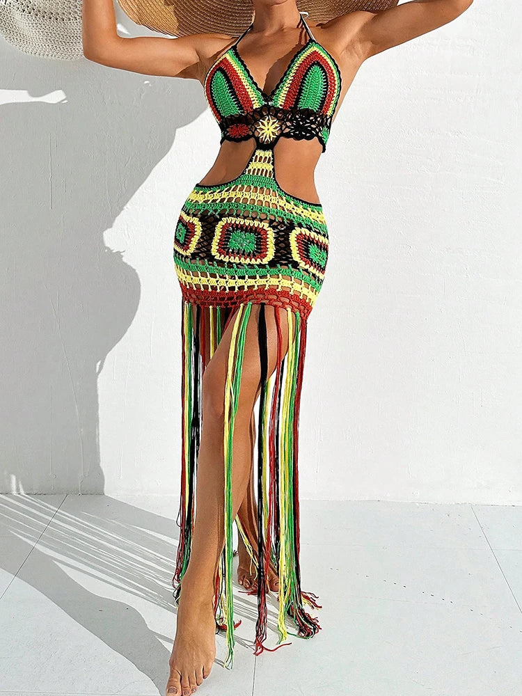 Women Summer Crochet Halter Deep V Neck Cover Ups Multicolor Swimsuit Long Tassel Bikini Knit Dress Cover-Ups Backless Beachwear - Matrix Studios