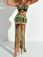 Women Summer Crochet Halter Deep V Neck Cover Ups Multicolor Swimsuit Long Tassel Bikini Knit Dress Cover-Ups Backless Beachwear - Matrix Studios