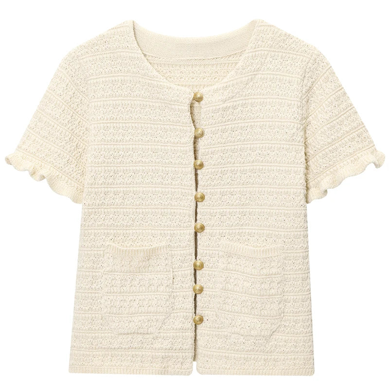 HXAO Crop Knit Cardigan For Women Summer Knitwear 2025 Women's Sweater Pink Off White O-Neck Short Sleeve Bolero Cardigan Woman - Matrix Studios