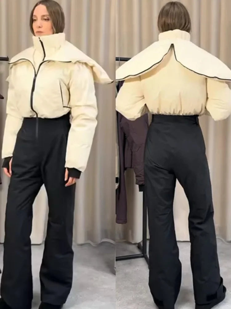 Fashion Hooded One-Piece Ski Jumpsuit Women Stand Collar Zipper High Waist Solid Windproof Outwear 2026 Winter Lady Skiwear New - Matrix Studios