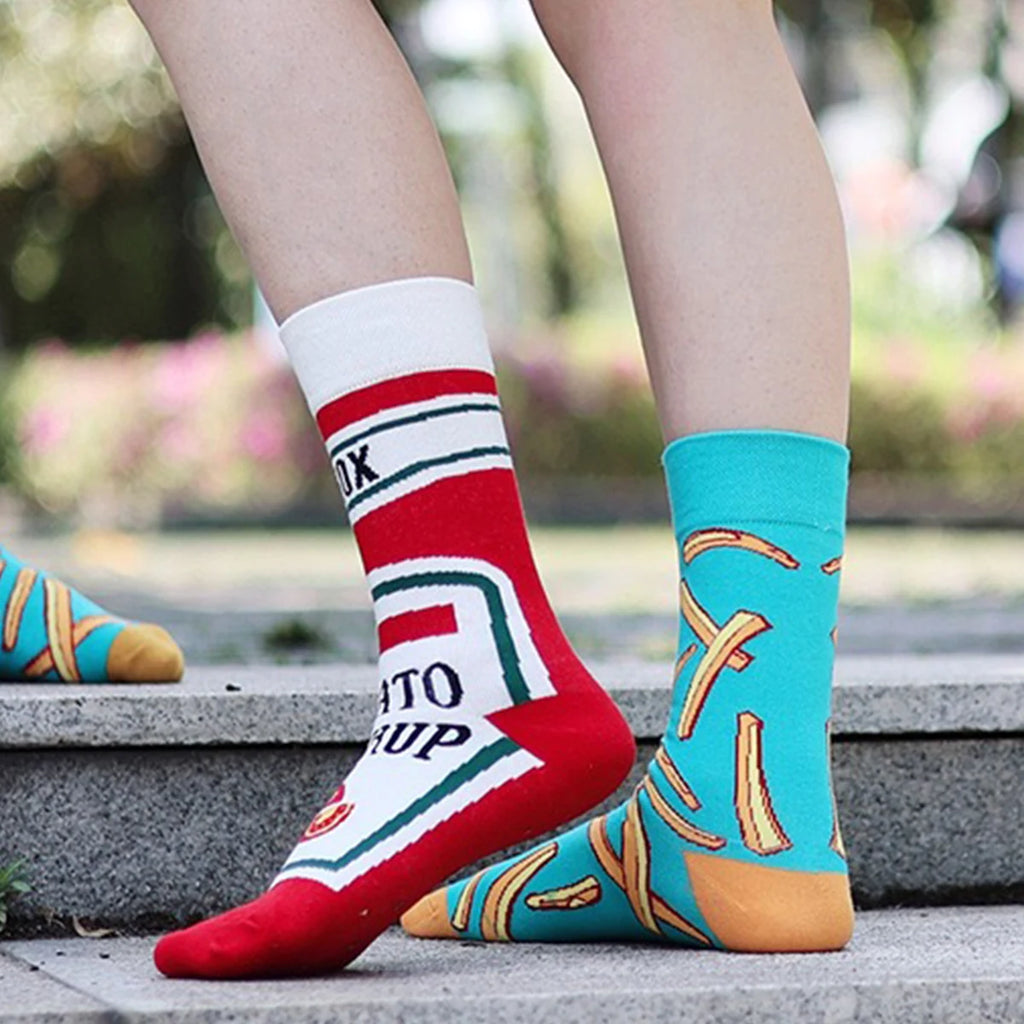 1 Pair Unisex Funny AB Style Tomato Ketchup French Fry Printed Mid-Calf Socks Suit In All Seasons - Matrix Studios