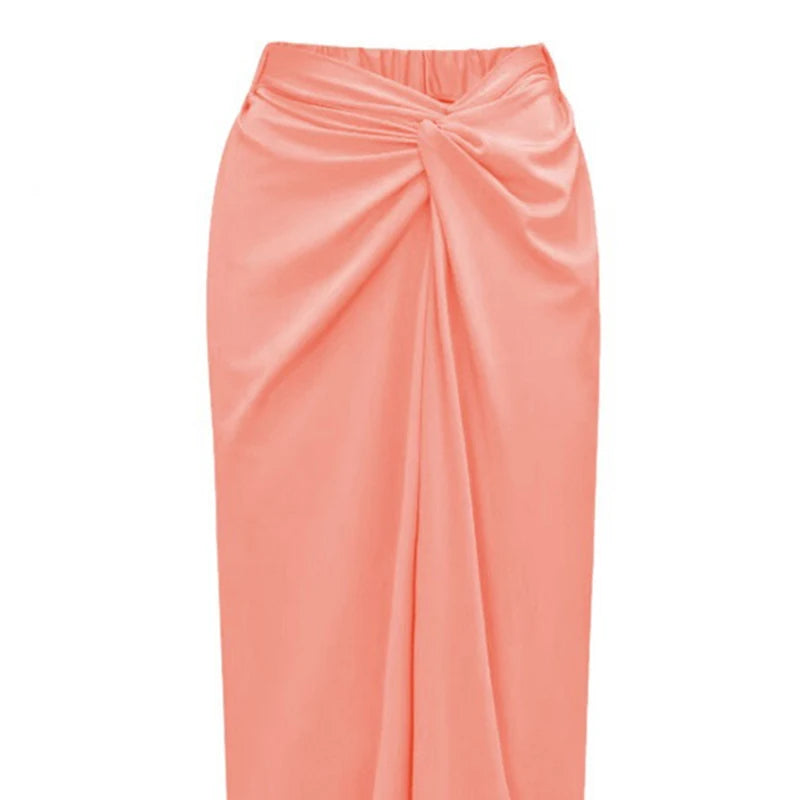 Fashion Solid Beach Dress Women's Casual Elastic High Waist Slit Long Skirt Summer 2025 New Beachwear Spice Girl Bikini Cover Up - Matrix Studios