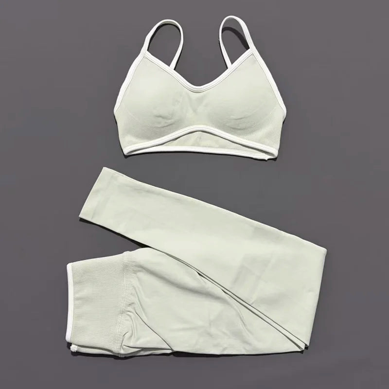 2Pcs HISTELLO Women's Seamless Yoga Fitness Set Ignite Sculpt Scrunch Leggings Strappy Halter Bra Gym Sports Fitness Outfit - Matrix-studios.com