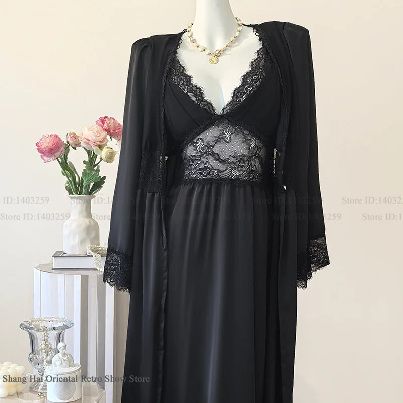 New Female Long Robe Nightgown Set Sexy Lace Trim Sleepwear Suspender Nightdress Spring Summer Casual Satin Home Dress Bathrobe - Matrix-studios.com