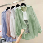 Summer Sunscreen Shirt Elegant Perspective Thin Chiffon Blouse Korean Harajuku See Through Loose Top Casual Women's Cardigan - Matrix-studios.com