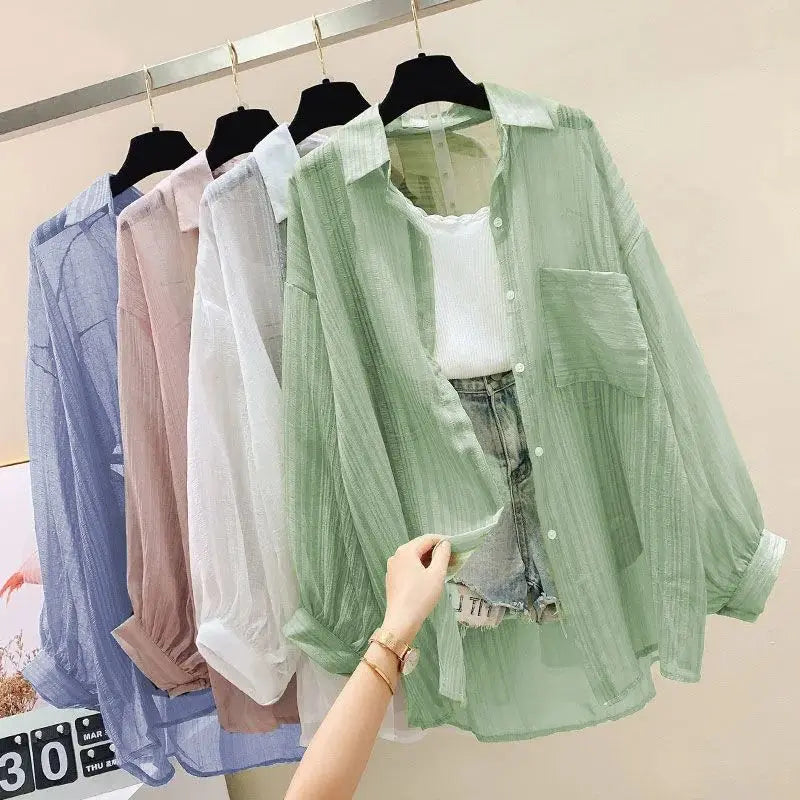 Summer Sunscreen Shirt Elegant Perspective Thin Chiffon Blouse Korean Harajuku See Through Loose Top Casual Women's Cardigan - Matrix-studios.com
