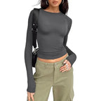 1pcs Four Seasons Fashion Senior Women T-shirt Long Sleeve Crew Neck Solid Slim Fit Tee Ladies Crop Top  Daily Streetwear Camis - Matrix-studios.com