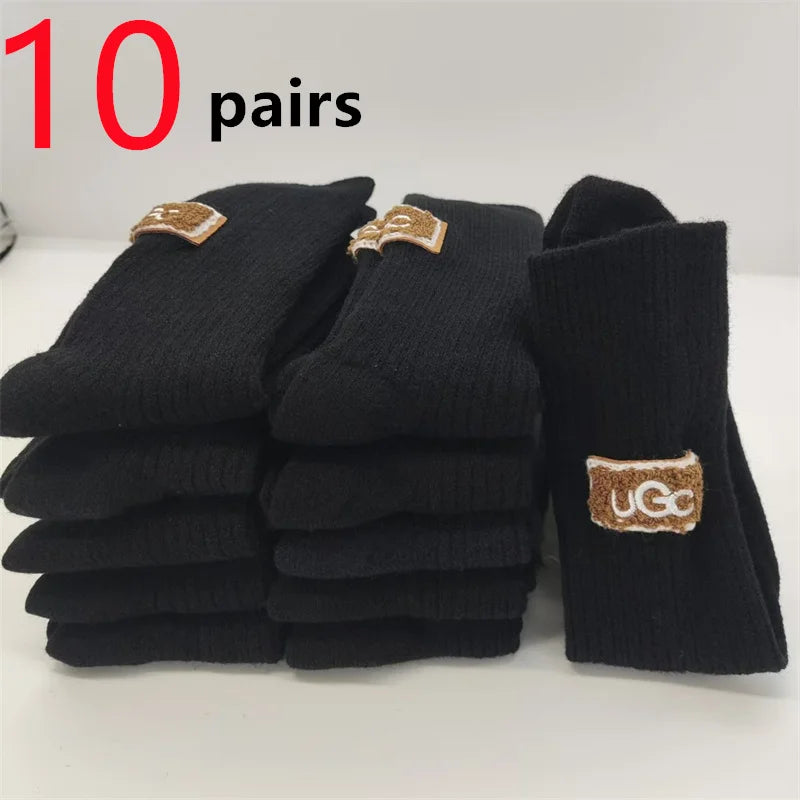 5/10 Pairs Socks Women Luxury Designer Cashmere Wool Sock Solid Warm Thick Pile Embroidered Logo Mid-Calf female Snow Boot Socks - Matrix Studios