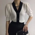 Knitted Sweater Women Cardigans New Sueter Feminino V-Neck Spliced Knit Sweater Cardigan Women Tops Short Sleeve Sweaters Q3558 - Matrix Studios