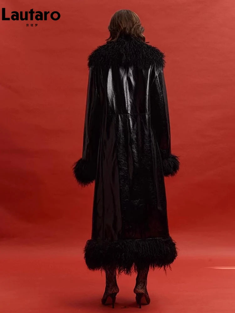 Lautaro Spring Autumn Long Black Shiny Patent Pu Leather Coat Women with Faux Fur Trim Luxury Designer Clothing European Fashion - Matrix Studios