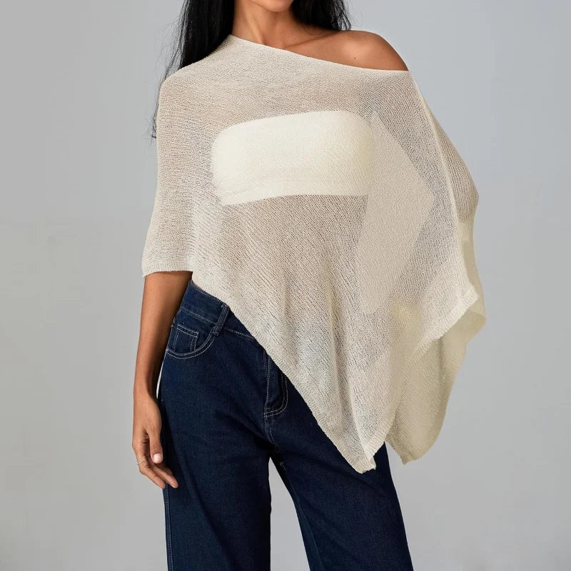 Women Sheer Knit Poncho Top Y2K See Through Crochet Batwing Sleeve Beach Cover Up Poncho Shawl Beach Vacation Outfits - Matrix Studios