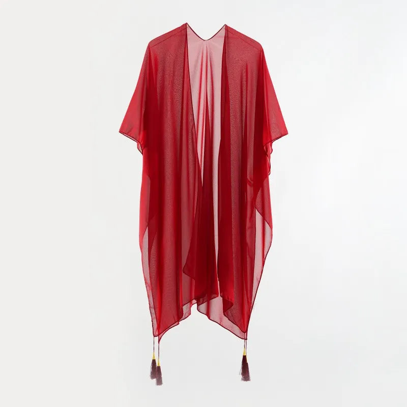 Simple Pure Color Chiffon Beach Bikini Cover Ups Swimwear Women Summer Sun Protection Cardigan Leisure Travel Cape Long - Matrix Studios