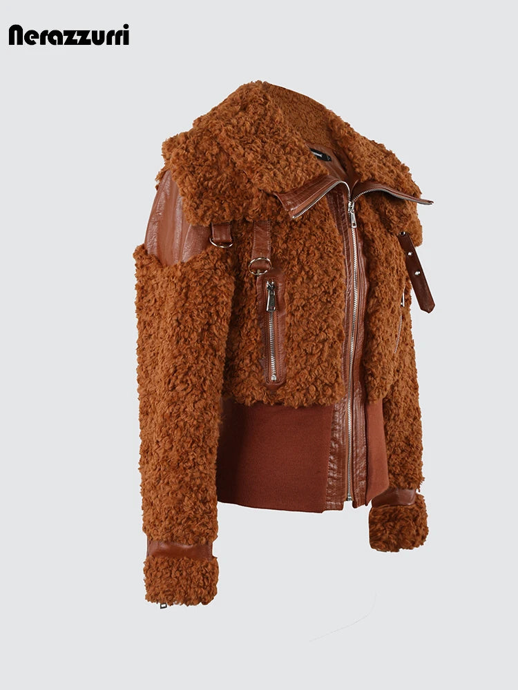 Nerazzurri Autumn Winter Chic Warm Pu Leather Patchwork Faux Fur Coat Women Zip Up Luxury Designer Clothes Fuzzy Fluffy Jacket - Matrix Studios