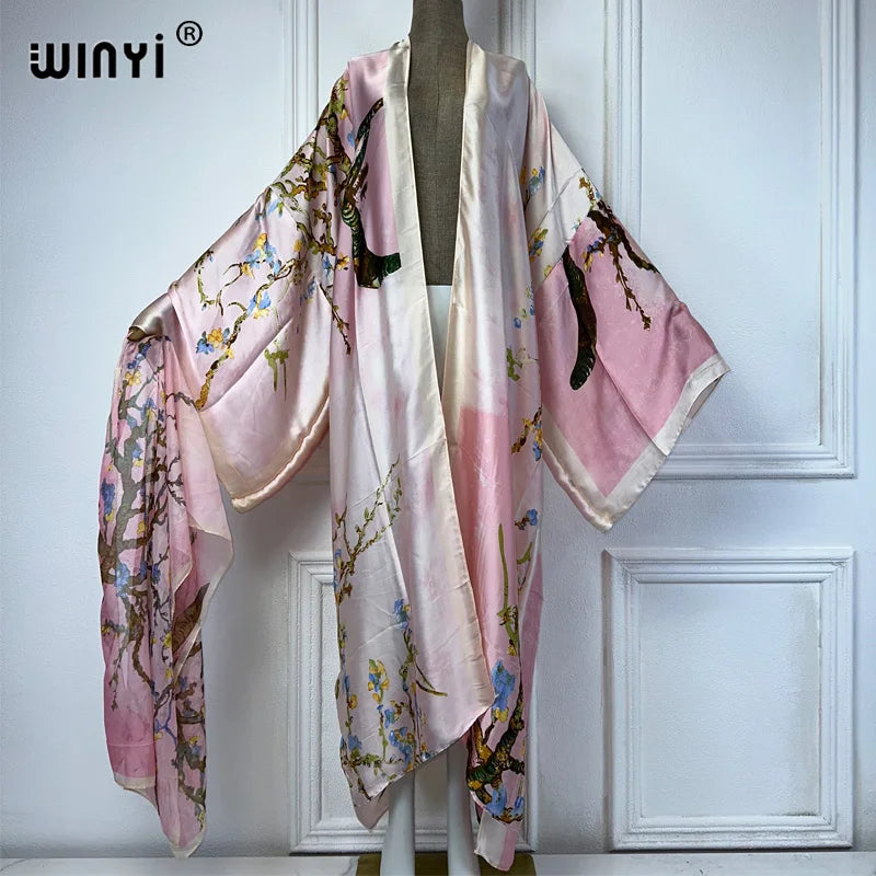 WINYI Kimono Women Summer Fashion Print Long Sleeve Cardigan Female Loose Abaya Casual Beach Cover Up Boho Dress With Scarf - Matrix Studios