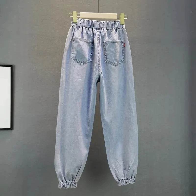 High waisted Jeans For Summer 2026 New Loose Elastic waist Hot pressed Diamond Pants Women's Casual Denim Trousers - Matrix-studios.com