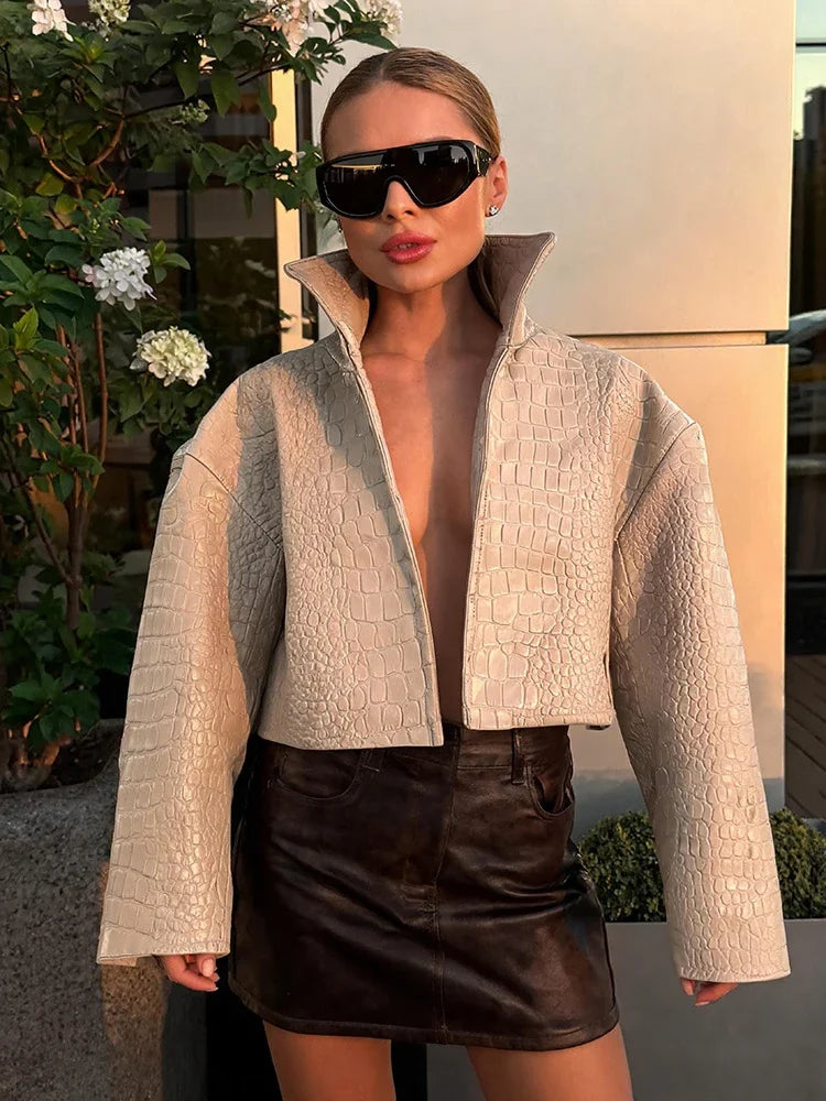 Crocodile Pattern Embossed Short Women Leather Jacket Stand Collar Zipper Long Sleeved Cropped Jackets 2026 Street Daily Outfit - Matrix Studios