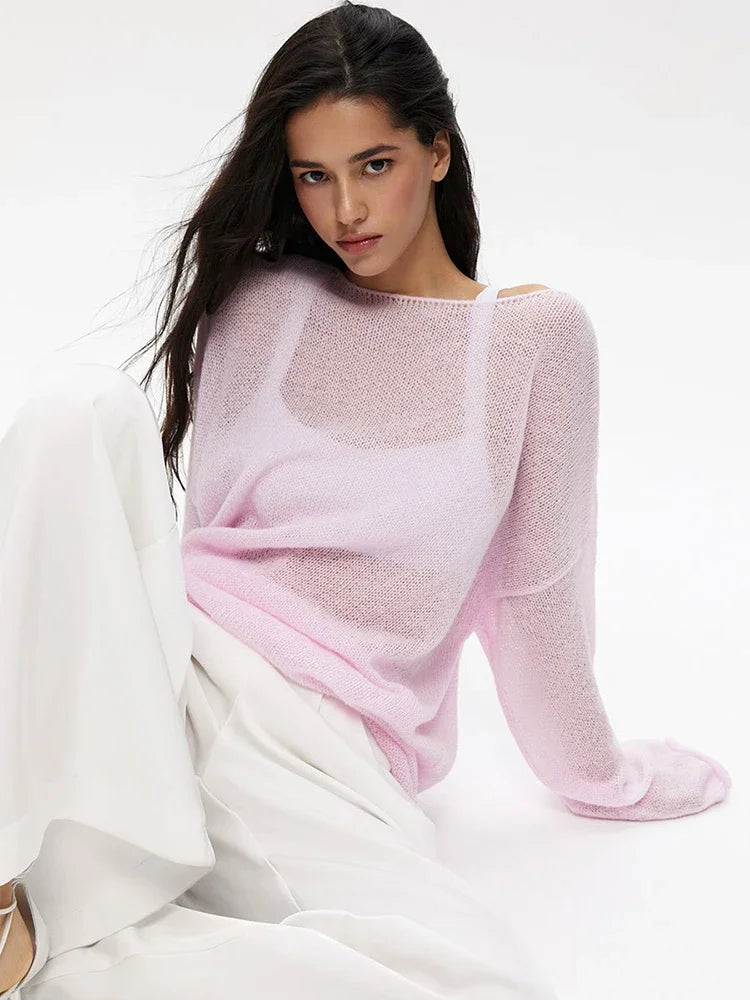 Talenza Hollow Knitted Sweater Pullover Women's Solid See-through O-Neck Long Sleeve Knitted T-Shirt Loose Casual Pullover 2026 - Matrix Studios