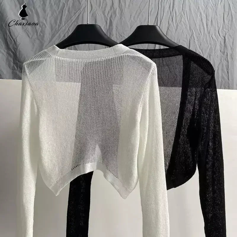 Sunscreen Cardigan Thin Women Knitted Jacket Perspective Long Sleeve Top Overlay Simple Casual Basic Slim Korean Fashion Summer - Matrix Studios