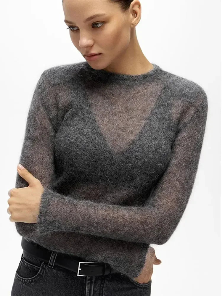 2026 New Fashion Solid Round Neck Thin Knitted Sweater Elegant Long Sleeve Bodycon Pullover Autumn Lady Commuting Street Outwear - Matrix Studios