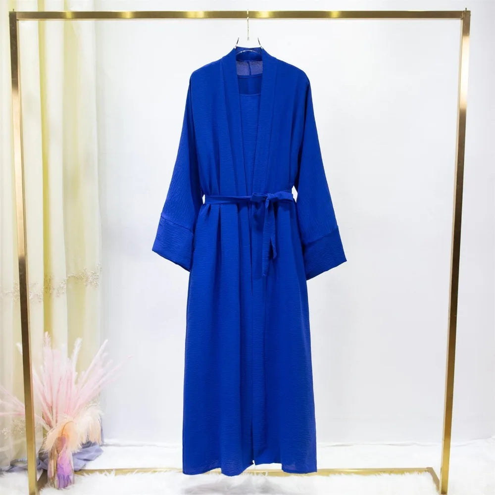 2pics Muslim Sets Muslim Jilbab Two Pieces Women Out Abaya Loose Cardigan Coat Sleeveless Inner Dress Prayer Clothing with Belt - Matrix-studios.com