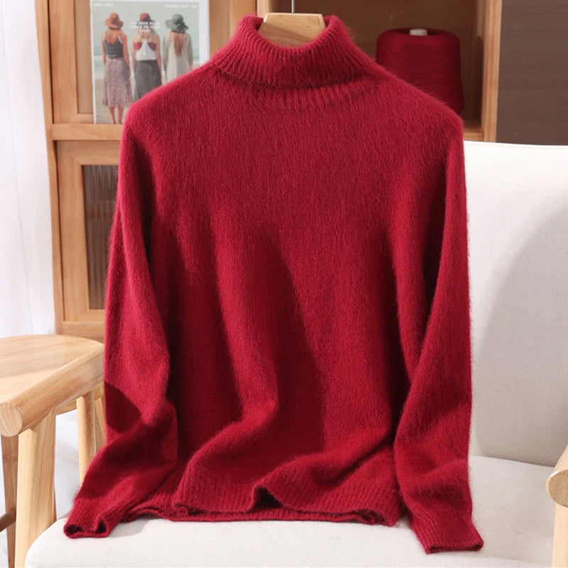 Autumn And Winter New 100% Mink Cashmere Sweater Ladies' High Lapel Solid Color Padded Pullover Wool Knitted Bottoming Shirt - Matrix Studios