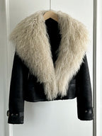 Janveny Luxury Natural Mongolian Sheep Fur Coat Women Winter Short Faux Leather Jacket Female Moto Biker Thick Outwear - Matrix Studios
