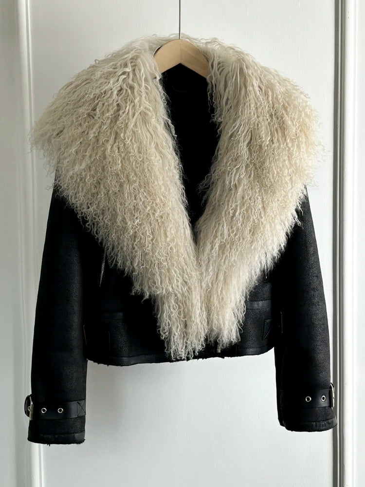 Janveny Luxury Natural Mongolian Sheep Fur Coat Women Winter Short Faux Leather Jacket Female Moto Biker Thick Outwear - Matrix Studios