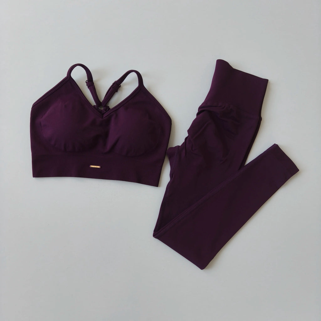 Seamless Hip Lifting Fitness Set Women's V-neck Bra Leggings Yoga Set Quick Drying Exercise Iron Massage High Fat Tight Pants - Matrix-studios.com
