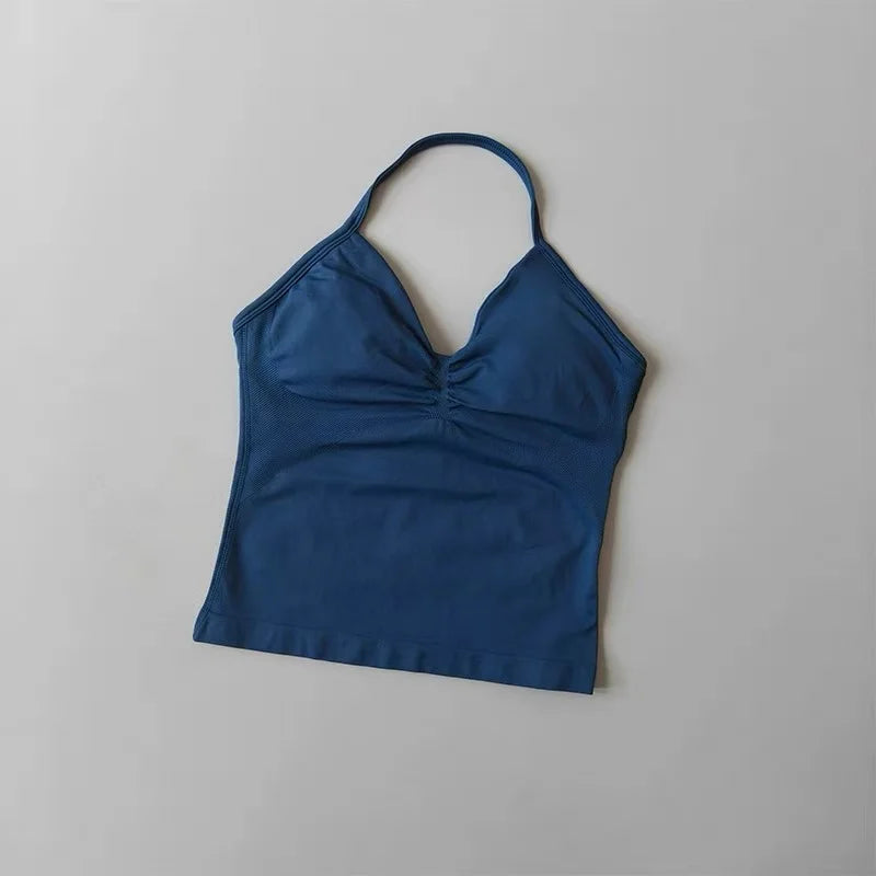 Sexy Halter Neck Beautiful Back High Waist Peach Sports Bras Shorts Suit Pilates Gathering Yoga Vest Training Fitness Bra Sets - Matrix-studios.com