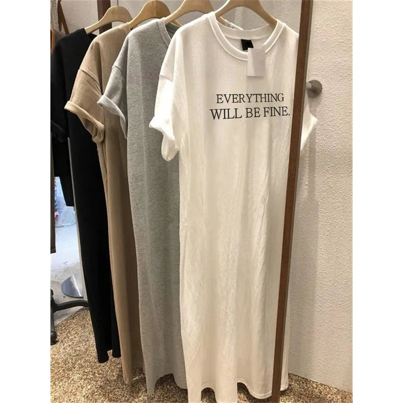 Summer Thin Plus Size Loose Short Sleeved Dress Women 2025 New Letter Printed Simple Round Neck Dress - Matrix-studios.com