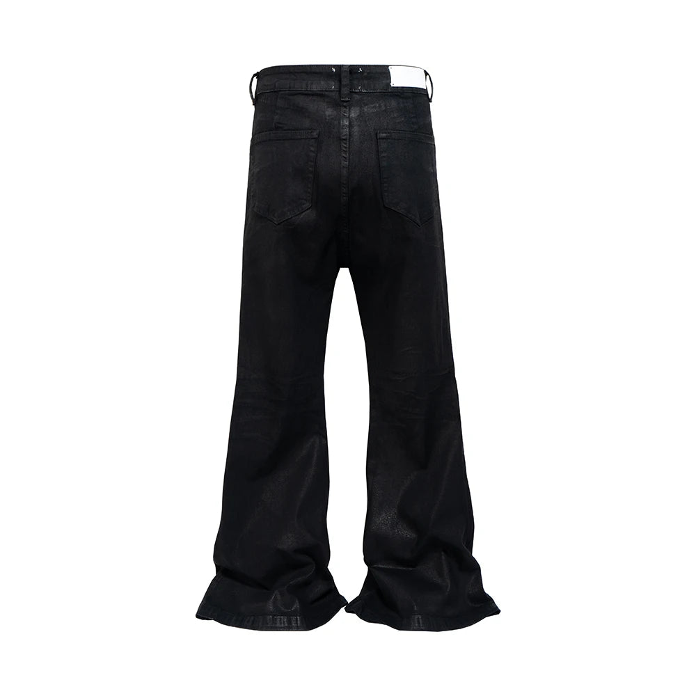 Streetwear Black Glue Coated Boot Cut for Men and Women Straight Baggy Casual Flare Pants Oversized Loose Denim Trousers - Matrix Studios