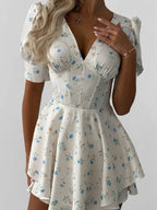Women Floral Print Mini Dress V-neck Balloon Sleeve Keyhole Detail Tiered Ruffle Hem Dresses 2026 New Summer Holiday Party Gowns - Matrix-studios.com
