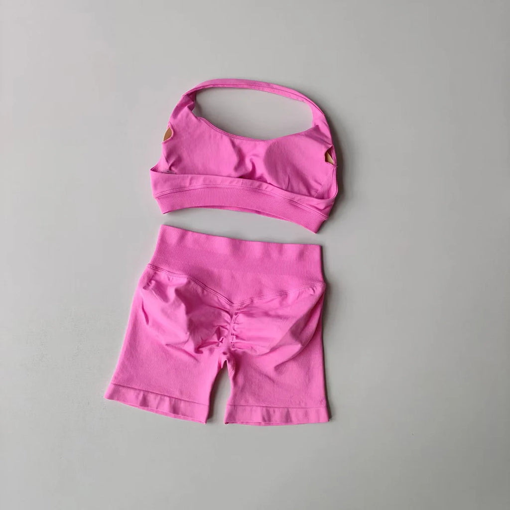 2 Pieces Yoga Suit for Women Seamless Fitness Gym Clothes Halter Sports Bra Matching Shorts Workout Sets Gym Set Outfit - Matrix-studios.com
