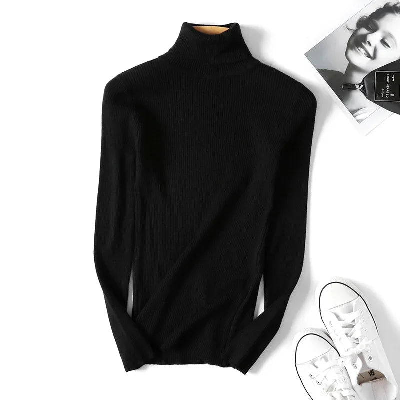 Casual Soft Polo-neck Jumper New Autumn Winter Women Knitted Turtleneck Sweater Fashion Slim Elasticity Solid Ribbed Pullovers - Matrix Studios