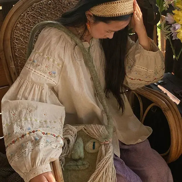 Women New Spring Floral Embroidery Blouse Vintage Casual Long Sleeve Shirt Top - Matrix-studios.com