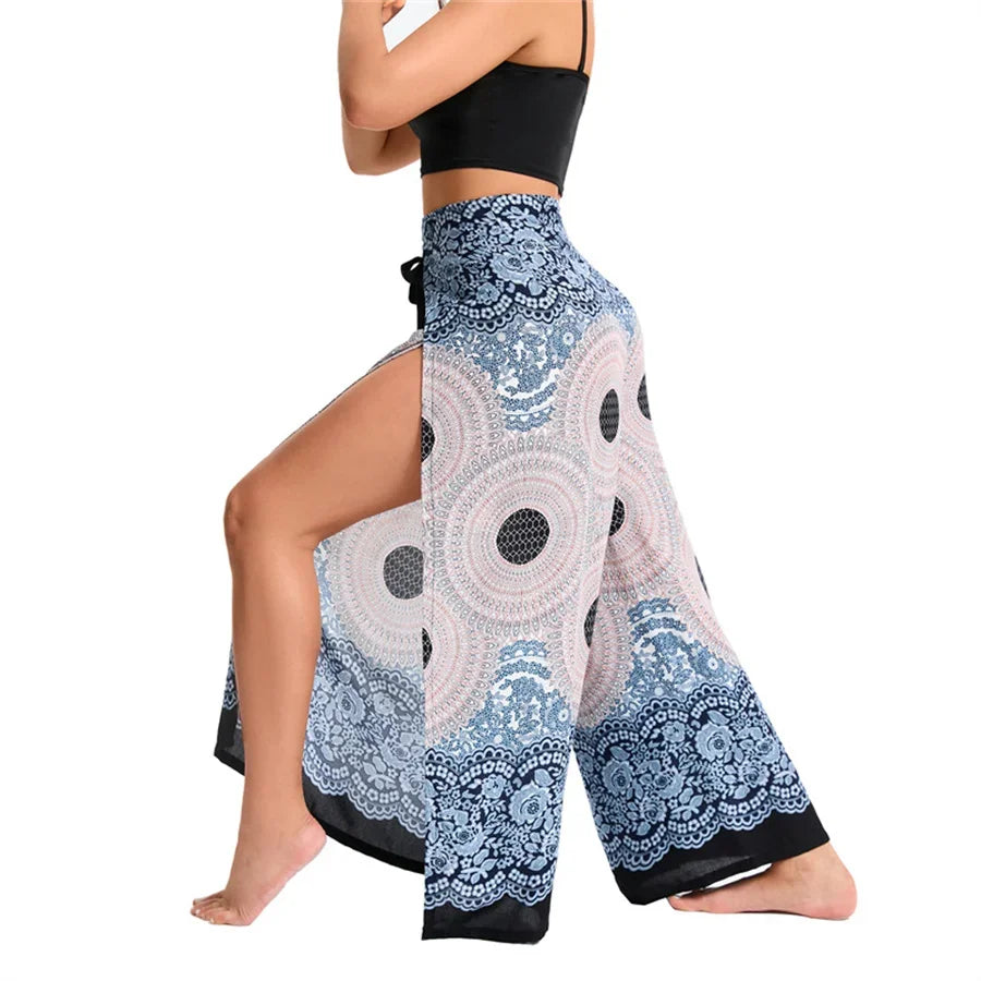 Women's Boho Palazzo Pants Wide Leg Yoga Wrap Tie Up Waistband Beach Cover Up Trousers Rayon Soft Breathable Loose Pants - Matrix Studios