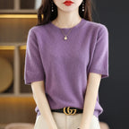New Short-sleeved Knitwear Women O-neck T-shirt Wool Cotton Blend Pullover Vest Sprig Summer Bottoming Tops Sweater Solid Soft - Matrix Studios