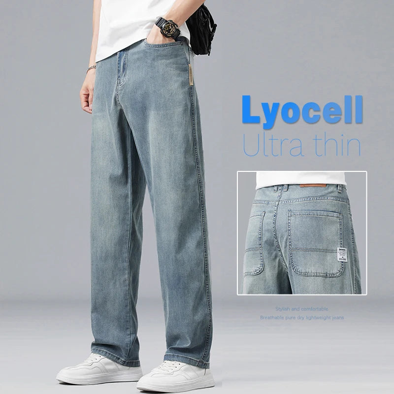 Summer Ultra-thin Lyocell Men's Jeans Drape Soft Fabric Loose Straight Casual Denim Pants Elastic Ice Silk Male Trousers - Matrix Studios