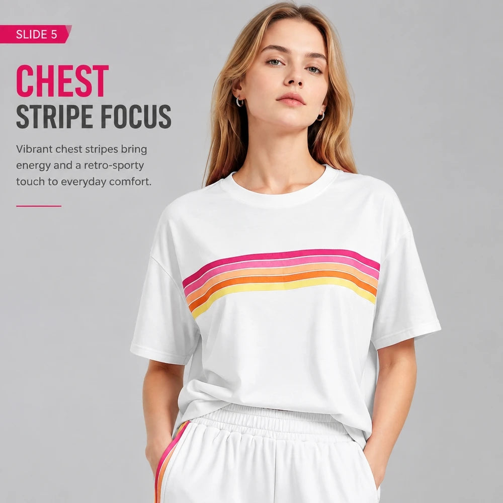 2 Piece Women's Short Set Short Sleeve Crew Neck T Shirt and Elastic Waist Shorts Retro Rainbow Striped Casual Lounge Wear Matching Outfit Relaxed Fit with Curved Hem Side Split for Streetwear Vacation Summer - Matrix-studios.com