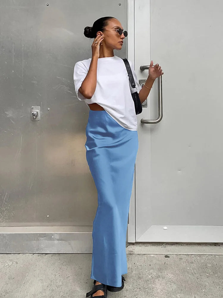 Elegant Satin Black Trumpet Skirts Fashion Slim High Waist Skirts Women Female Solid Office Long Skirt Spring Summer - Matrix-studios.com